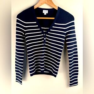 Marie Marot x J.Crew SZ XS V-Neck Henley Sweater Navy White Silk Cashmere Blend